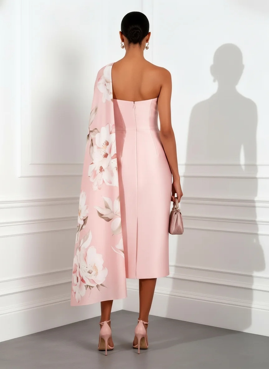 Pink Floral Satin Strapless Sleeveless Sheath Midi Dress