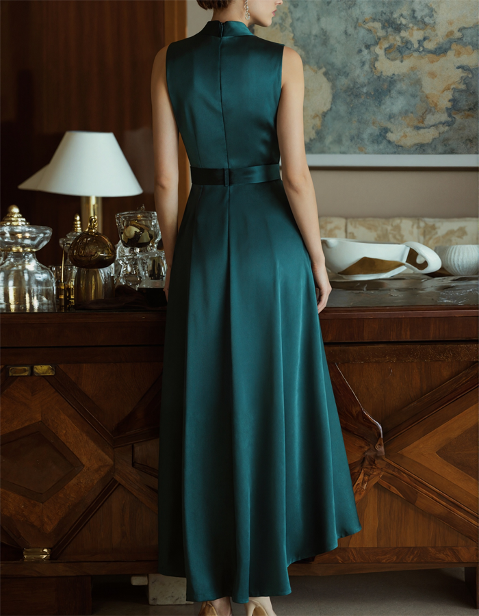 Satin Deep V-Neck Sleeveless Wrap Maxi Dress