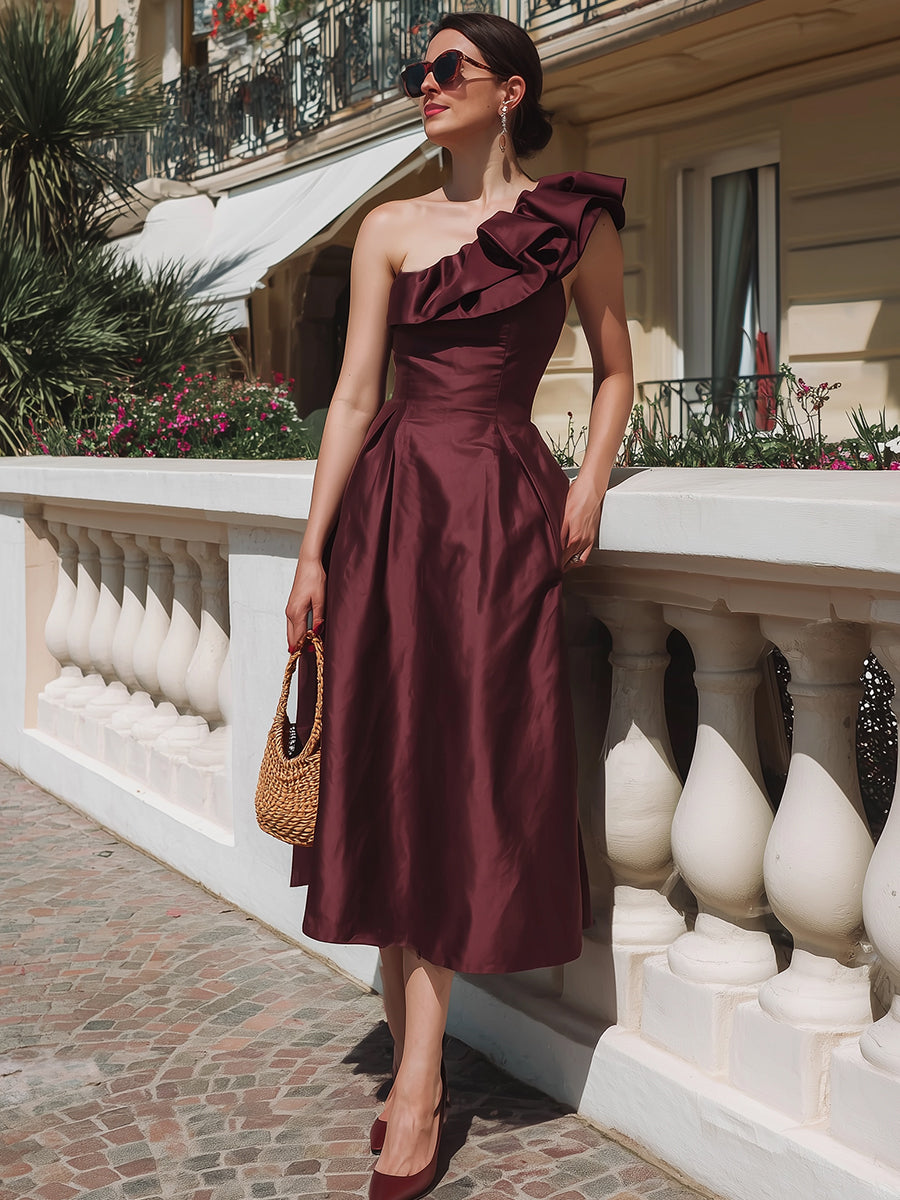 Burgundy Elegant One-Shoulder Ruffle Midi Dress