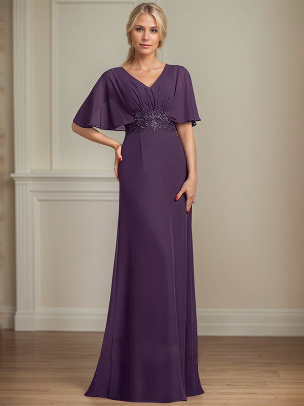 A-Line V-Neck Floor-Length Chiffon Mother of the Bride Dress With Appliques Pleated