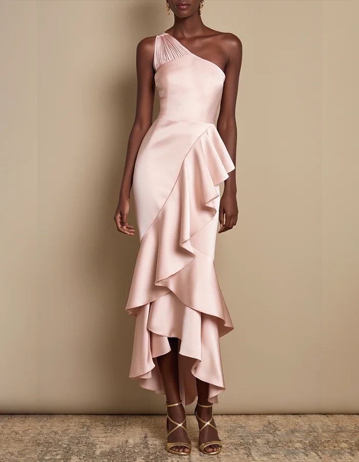 Blush Pink One-Shoulder Ruffled Satin Midi Dress