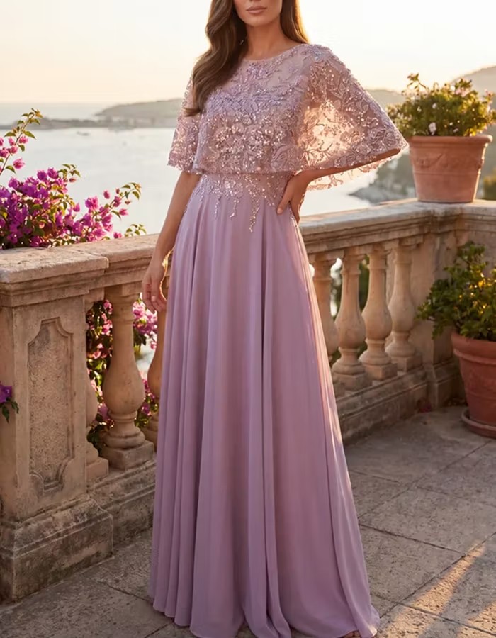 Sequin Floral Embroidered Capelet Chiffon Maxi Dress