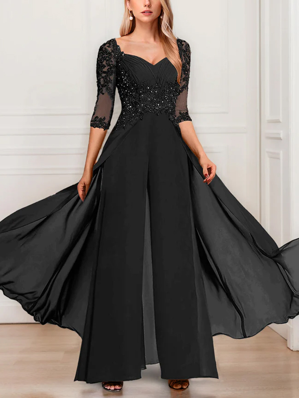 Solid Color Chiffon V-Neck Half Sleeve Mother of the Bride Jumpsuit