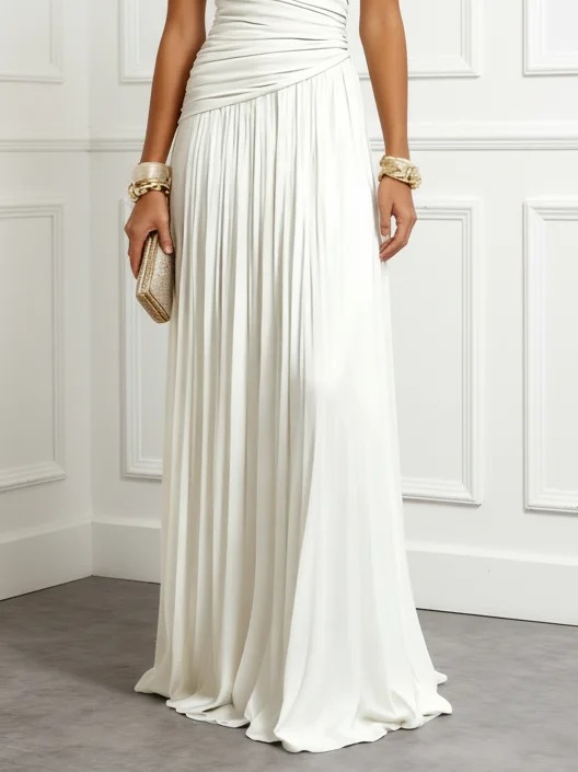 White Ruched Cut Out Knit Asymmetrical Short Sleeve A-Line Gown Dress