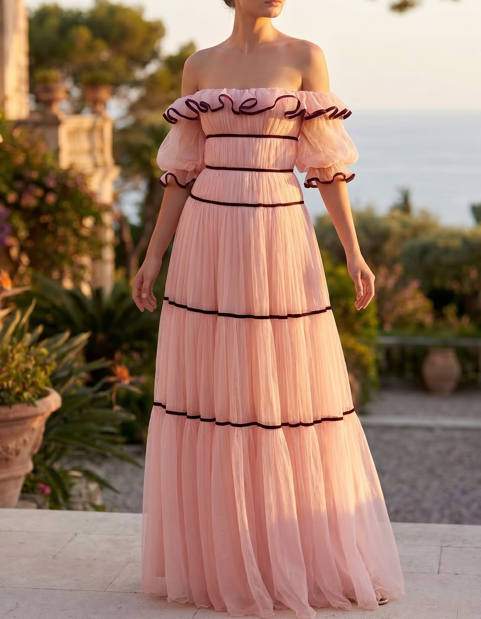 Pink Chiffon Off-Shoulder Layered Black Trim Maxi Dress