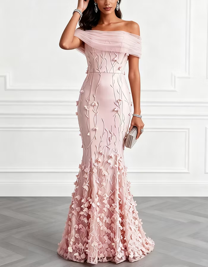 Pink Off-the-Shoulder Satin & Tulle Mermaid Maxi Dress