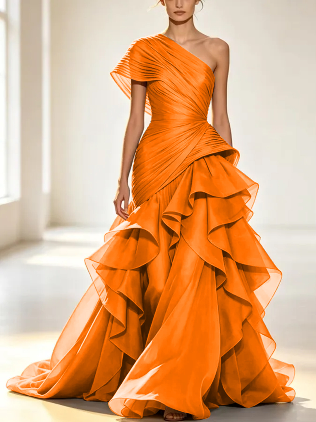 Grey One-Shoulder Pleated Organza Maxi Dress with Tiered Ruffle Skirt