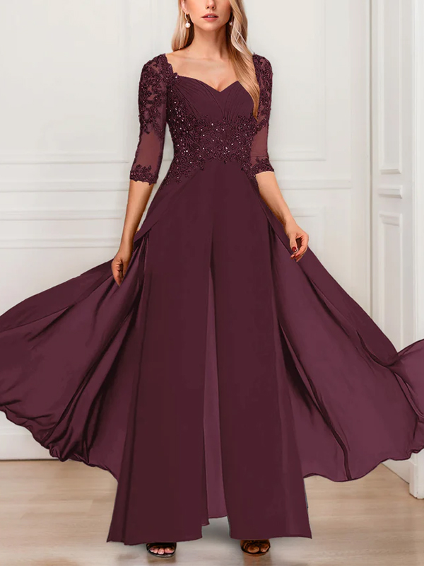 Solid Color Chiffon V-Neck Half Sleeve Mother of the Bride Jumpsuit