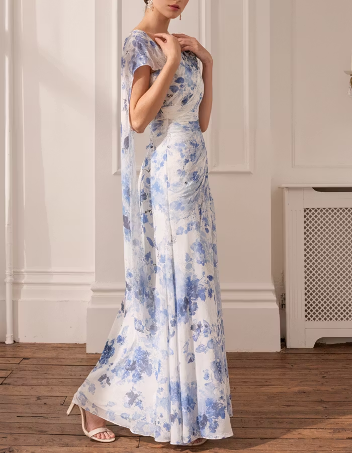 Blue And White One-Shoulder Floor-Length Maxi Dress
