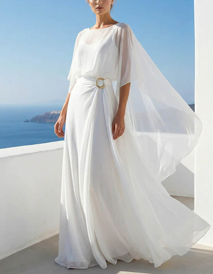Elegant Chiffon Cape Sleeve Belted Wide Leg Jumpsuit