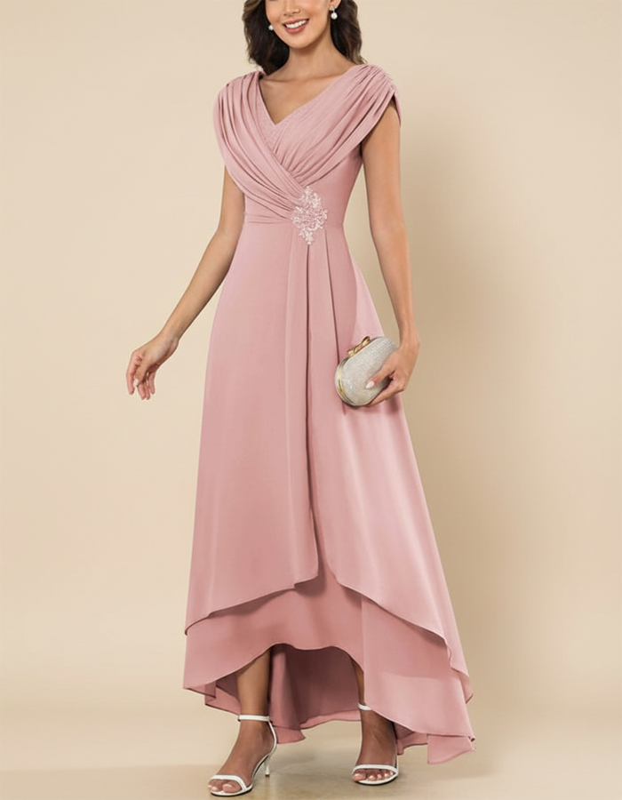 V-neck Cross-pleated Chiffon Maxi Dress