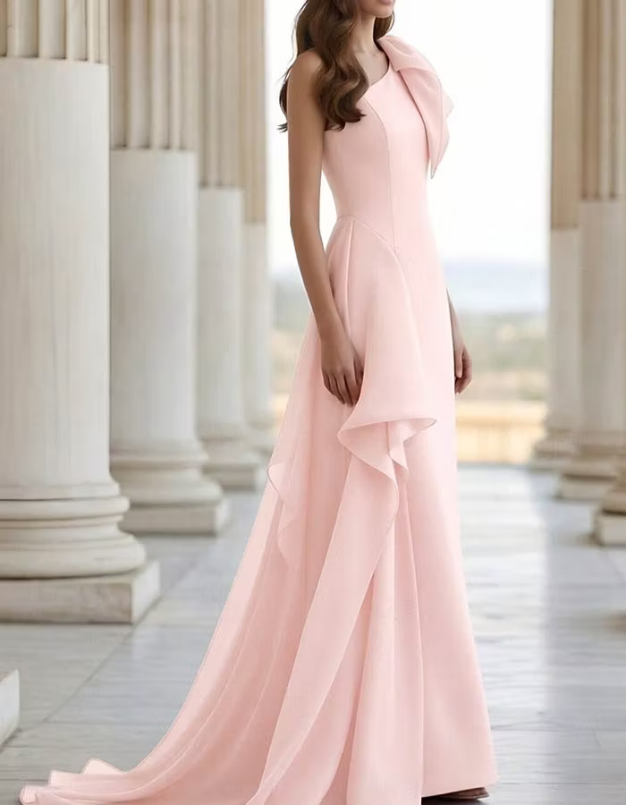 Light Pink Chiffon One-Shoulder Side Ruffle Overlay Maxi Dress