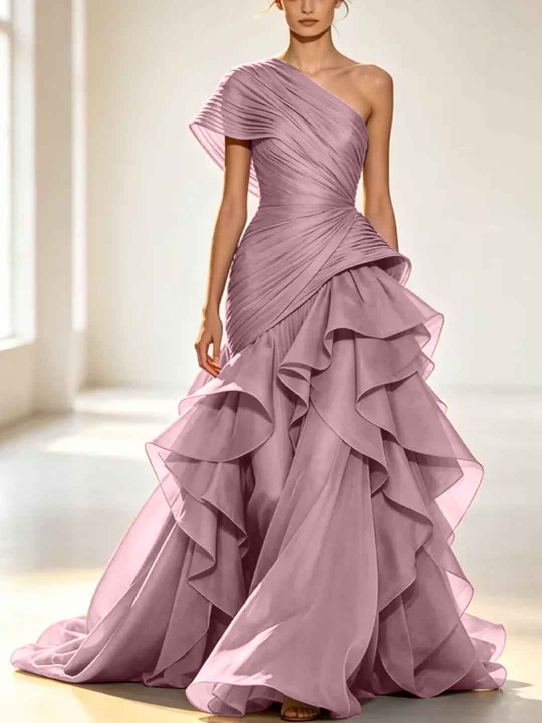 Grey One-Shoulder Pleated Organza Maxi Dress with Tiered Ruffle Skirt