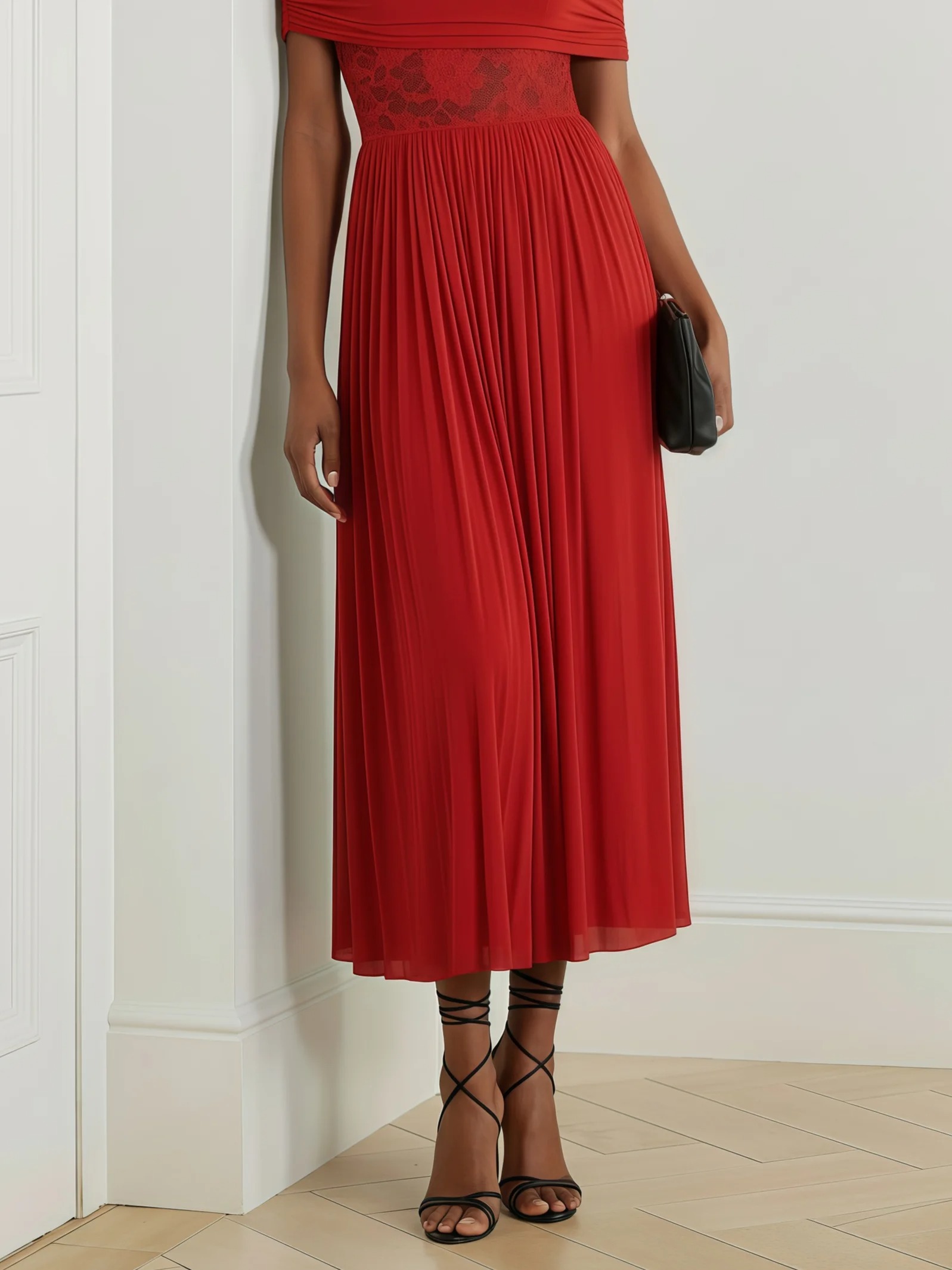 Red Pleated Knit Off The Shoulder Sleeveless A-Line Midi Dress