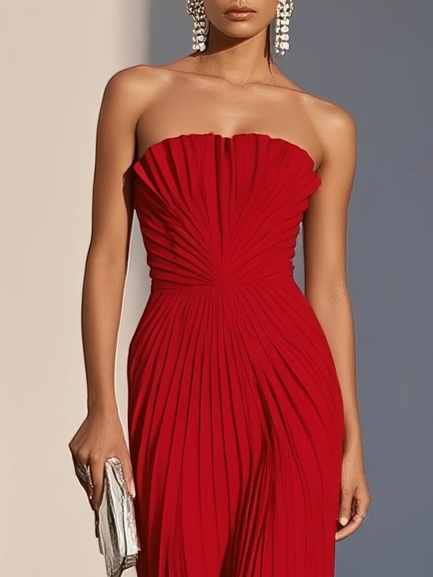 Red Pleated Classic Strapless Sleeveless A-Line Maxi Dress