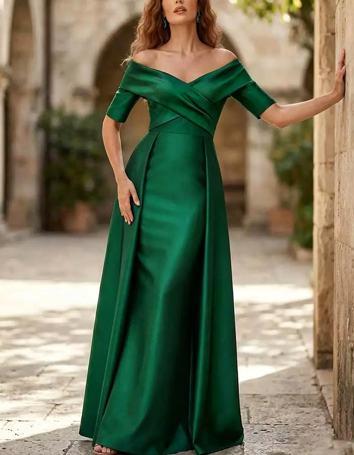 Emerald Green Satin Off-the-Shoulder Maxi Dress