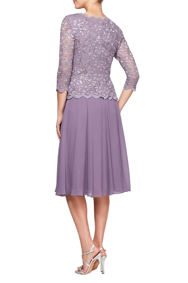 Classic Sequined Lace and Chiffon Two-Piece Knee-Length Dress Set