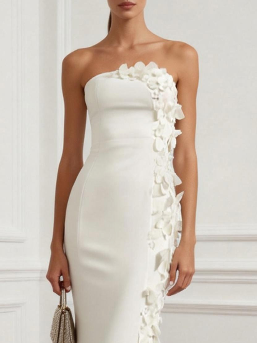 Strapless Mermaid Wedding Dress with Asymmetrical Cascading 3D Floral Appliques