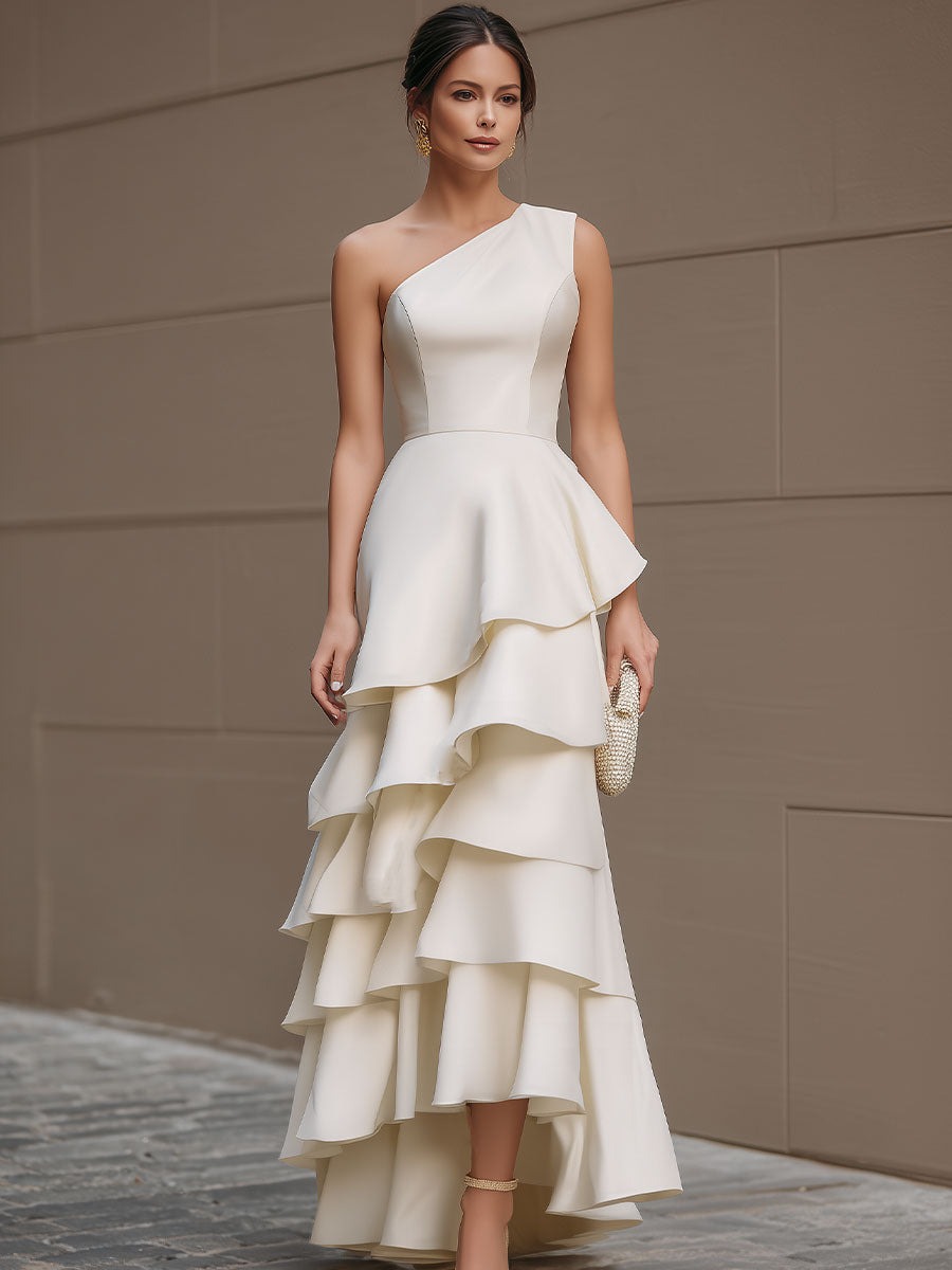 Ivory One-Shoulder Tiered Ruffle Gown