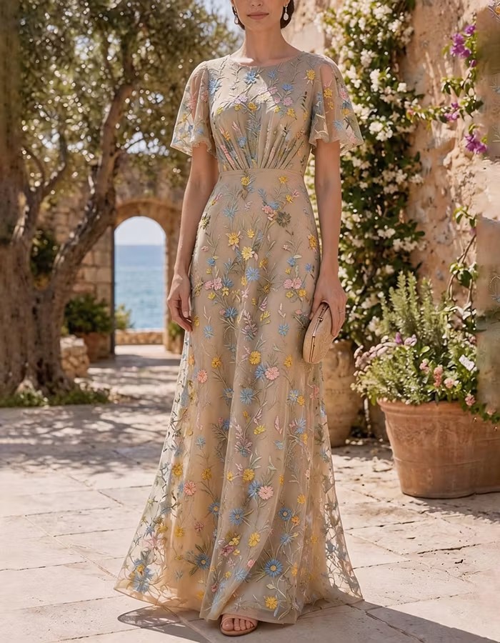 Sage Green Round Neck Flutter Sleeve Floral Embroidery Tulle Maxi Dress