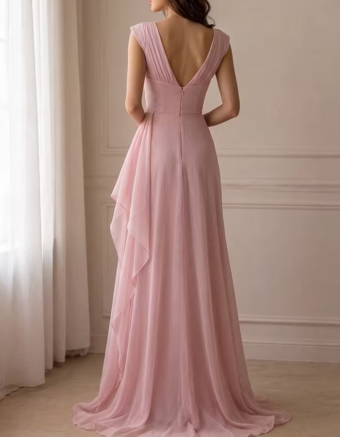 Pale Pink Chiffon Draped Maxi Dress