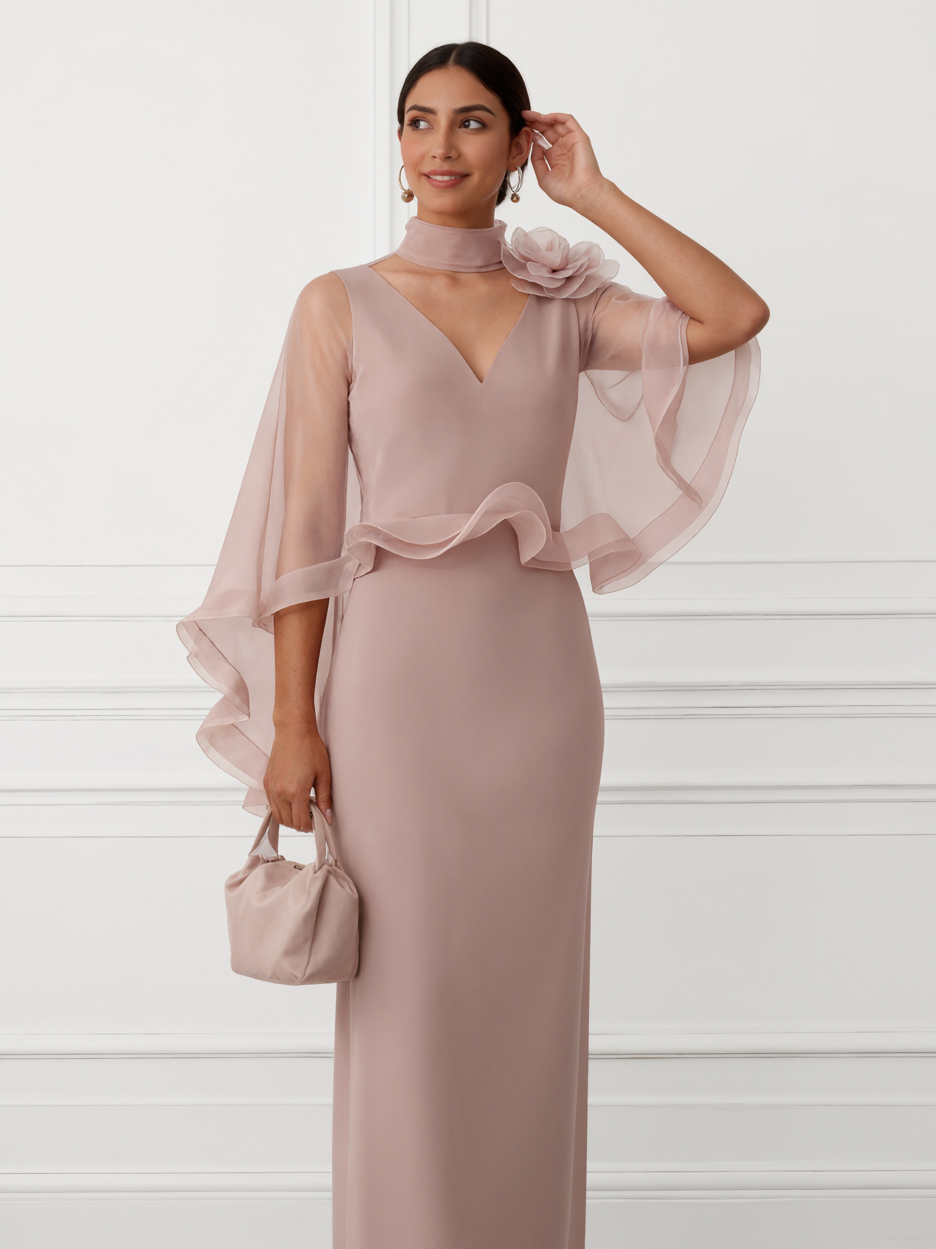 Nudepink 3D Floral Mesh Classic Mock Neck Half Sleeve Sheath Floor-length Gown Dress