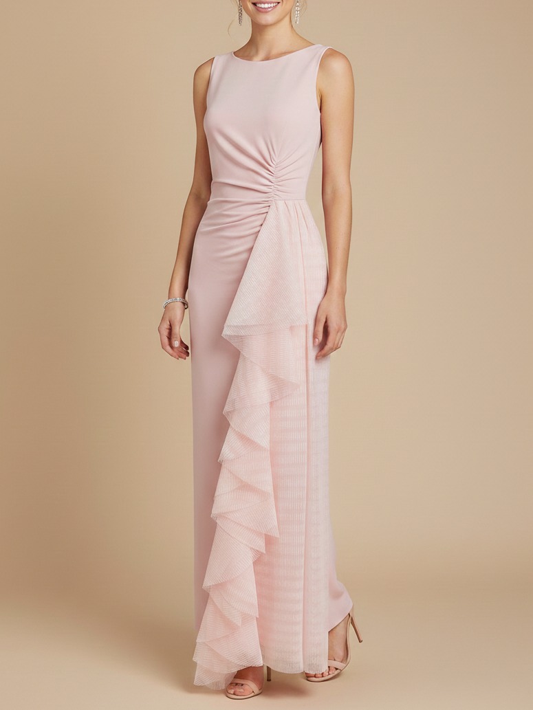 Blush Pink Sheath Maxi Ruched Sleeveless Knit and Mesh Bridesmaid Dress