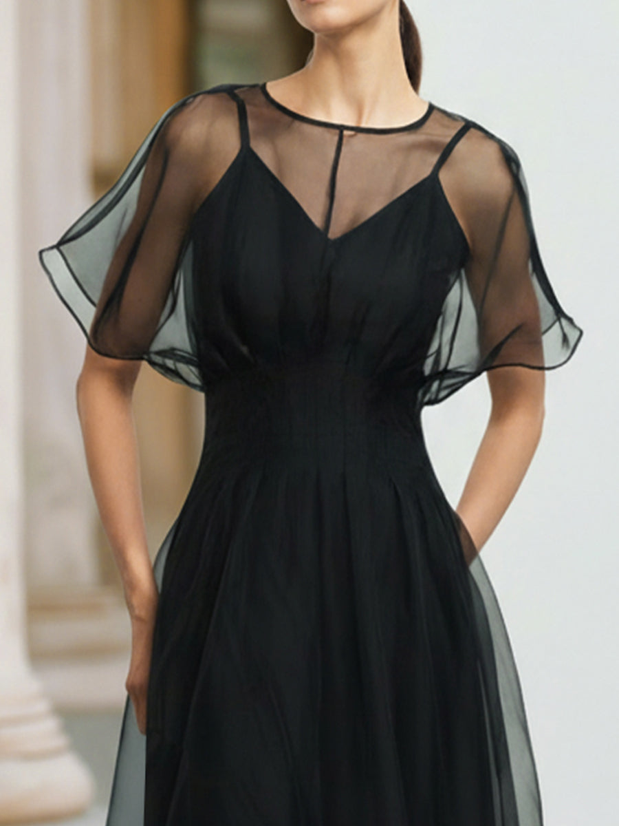 Black Elegant Sheer Overlay Midi Dress