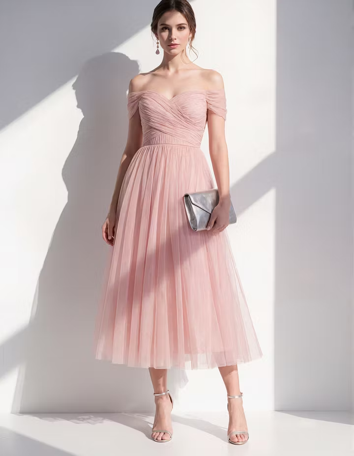 Pink Off Shoulder Tulle Midi Dress