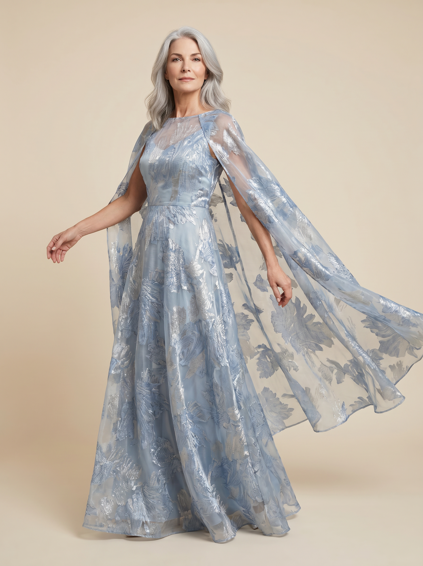 Dusty Blue Floral Jacquard A-Line Gown with Sheer Cape Overlay