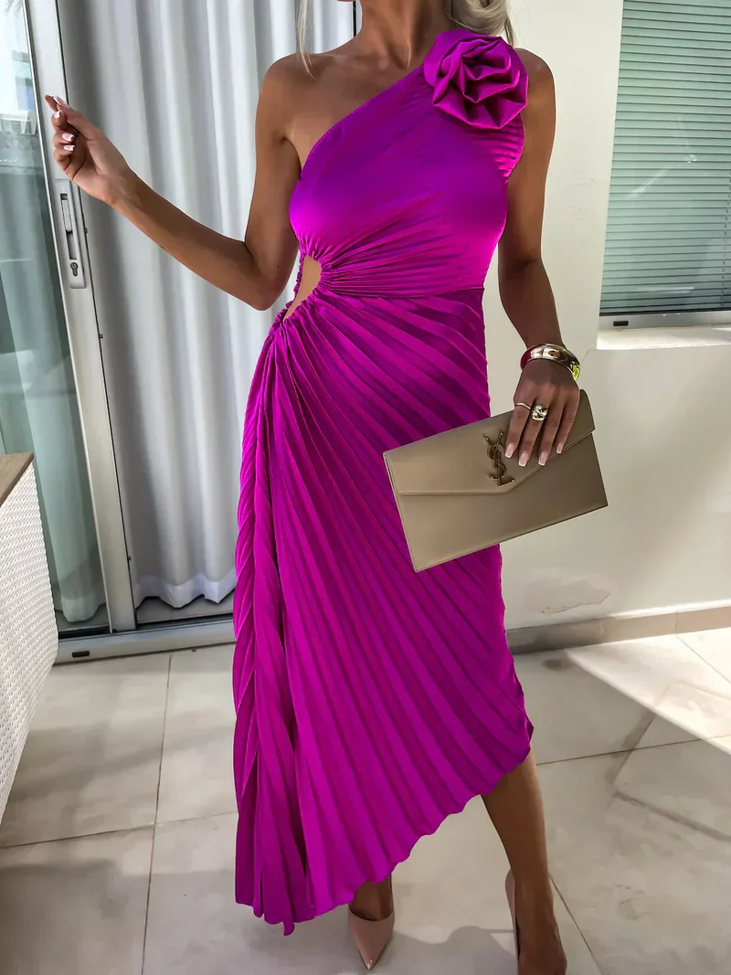 Formal Wedding Guest Dress: Green Satin Pleated Midi