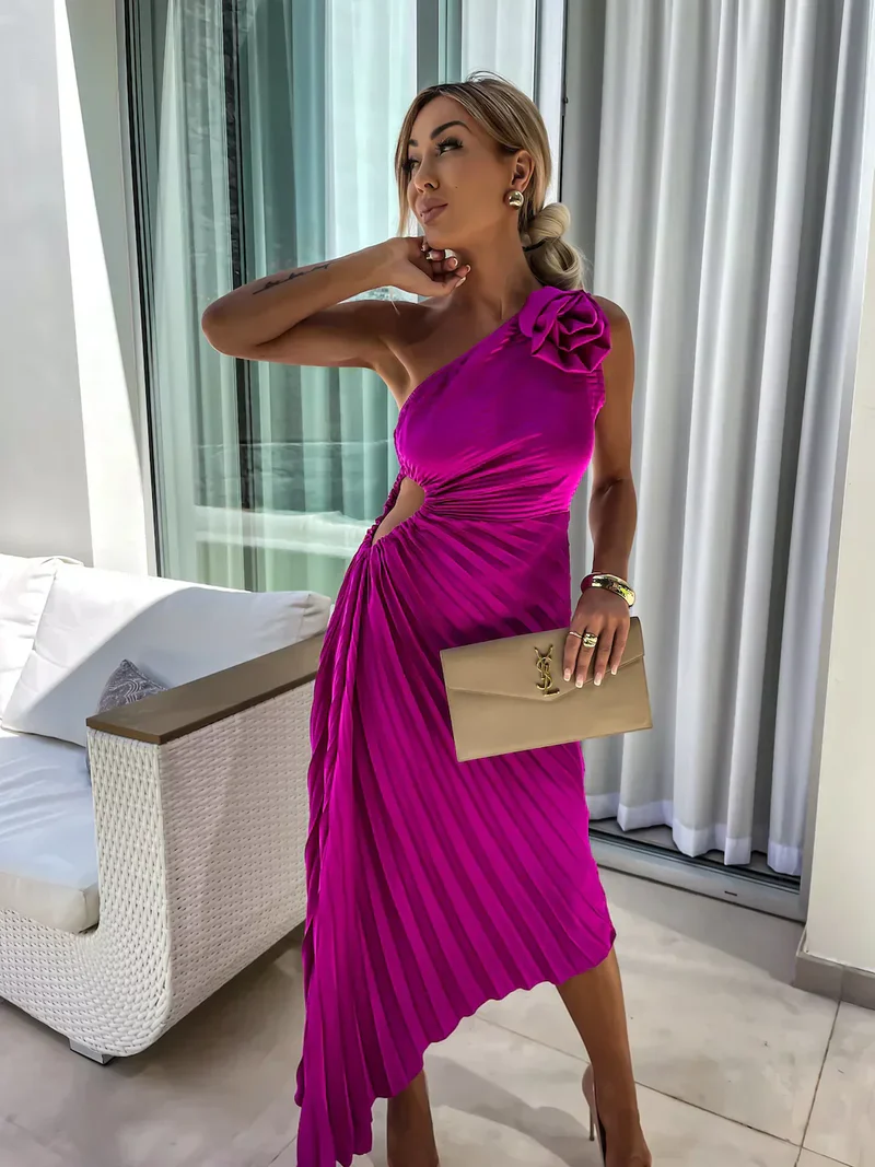 Formal Wedding Guest Dress: Green Satin Pleated Midi