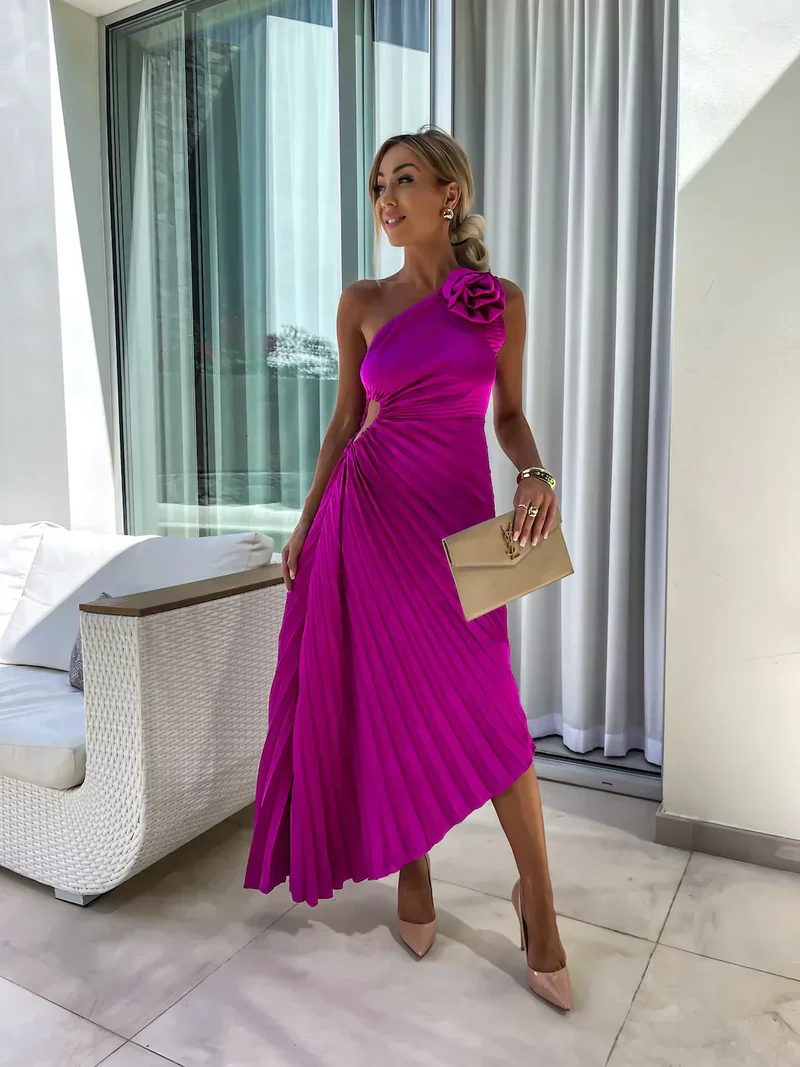 Formal Wedding Guest Dress: Green Satin Pleated Midi