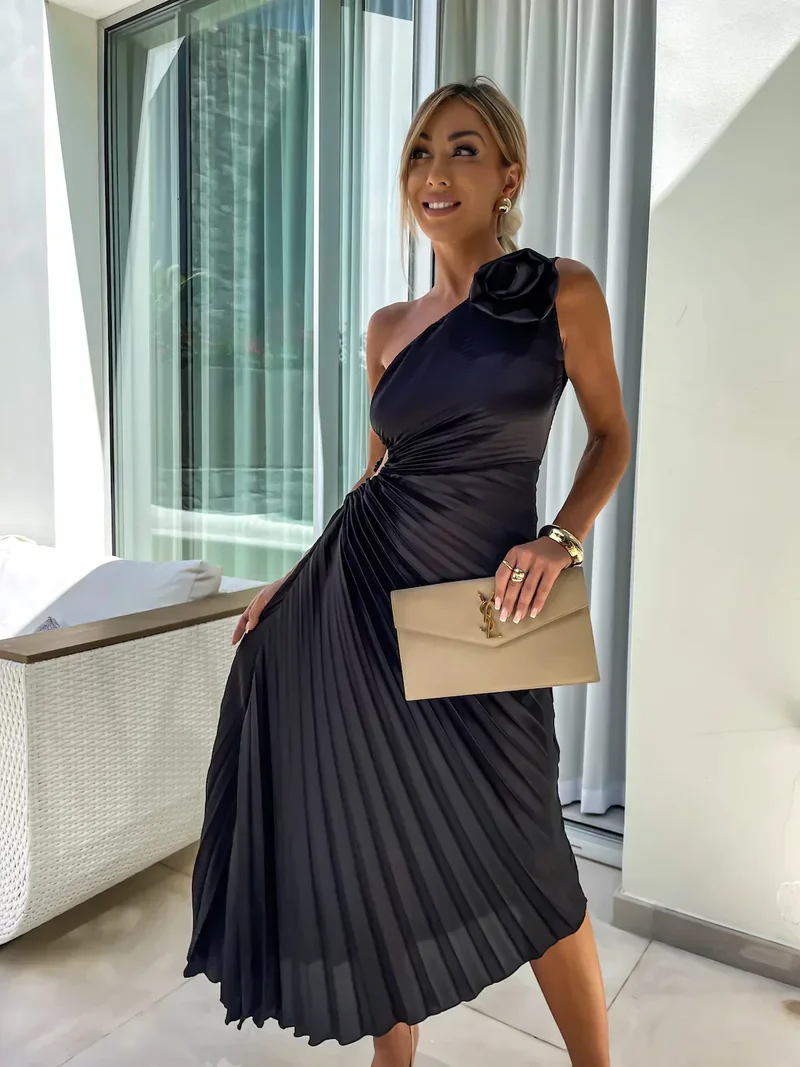 Formal Wedding Guest Dress: Green Satin Pleated Midi