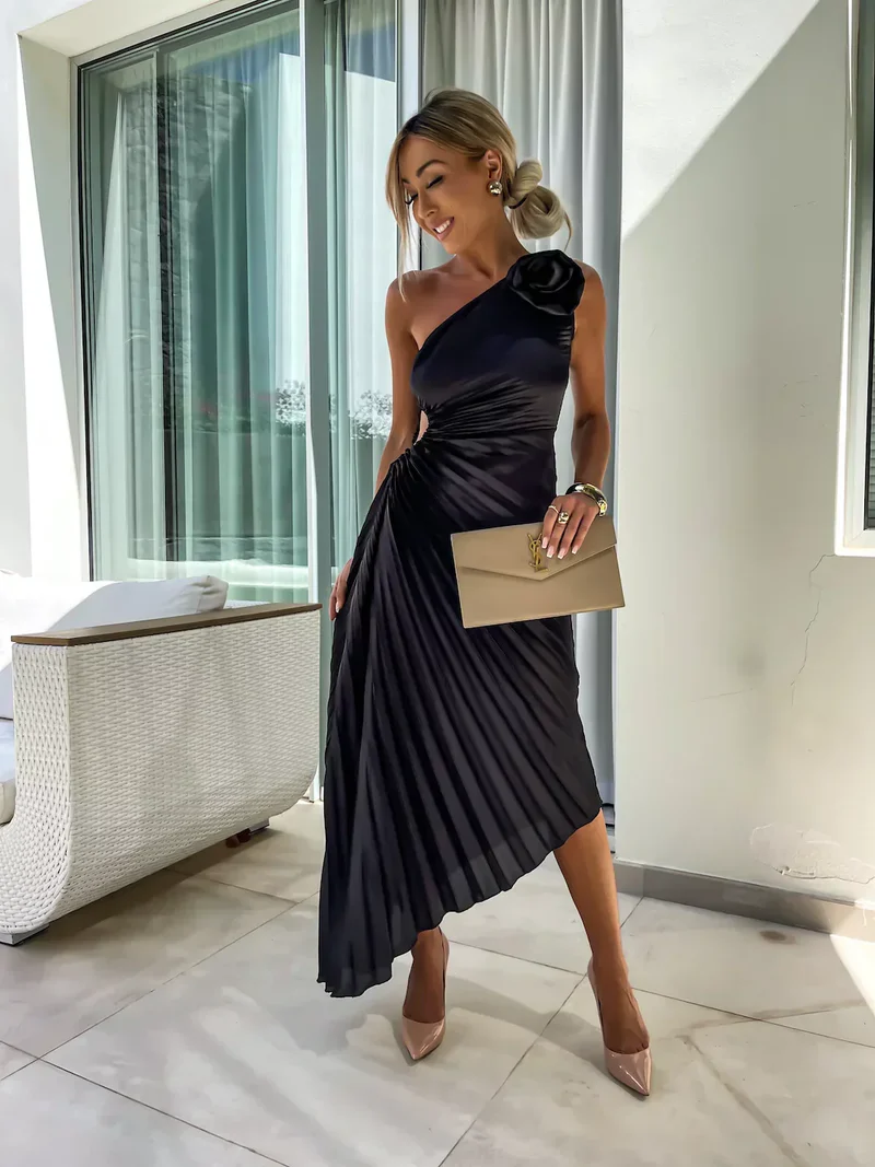 Formal Wedding Guest Dress: Green Satin Pleated Midi