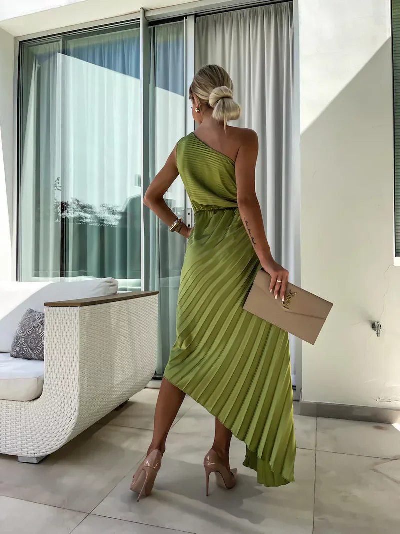 Formal Wedding Guest Dress: Green Satin Pleated Midi