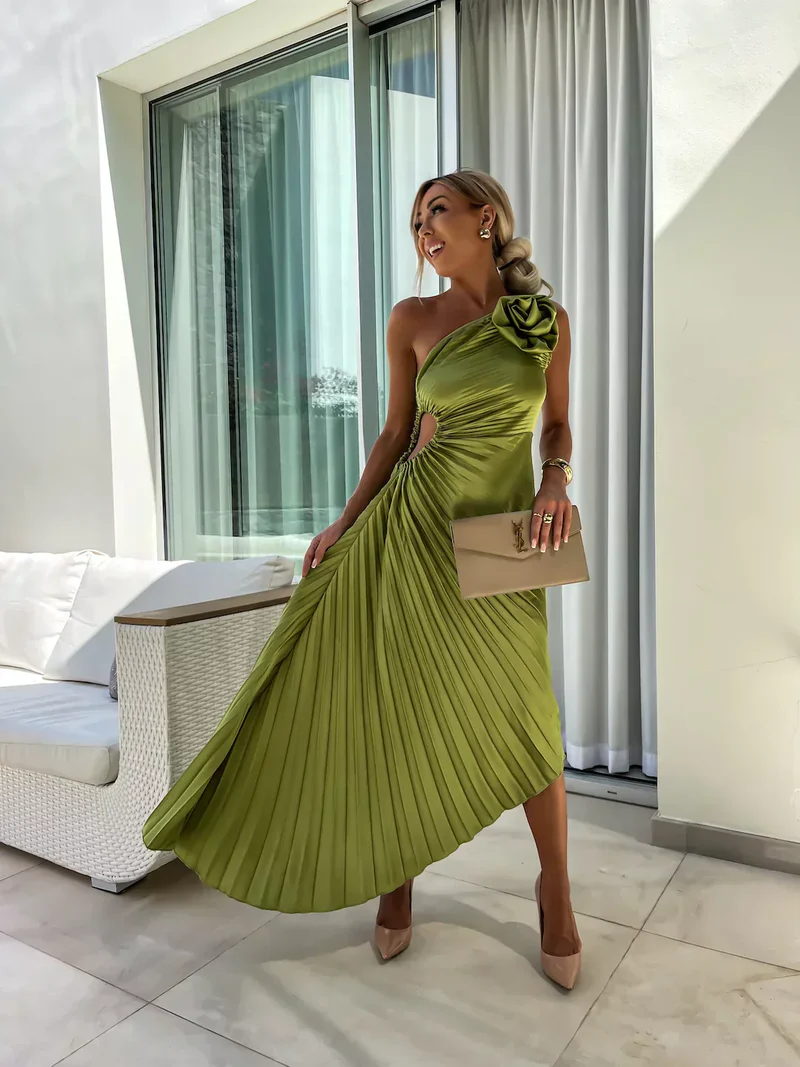 Formal Wedding Guest Dress: Green Satin Pleated Midi