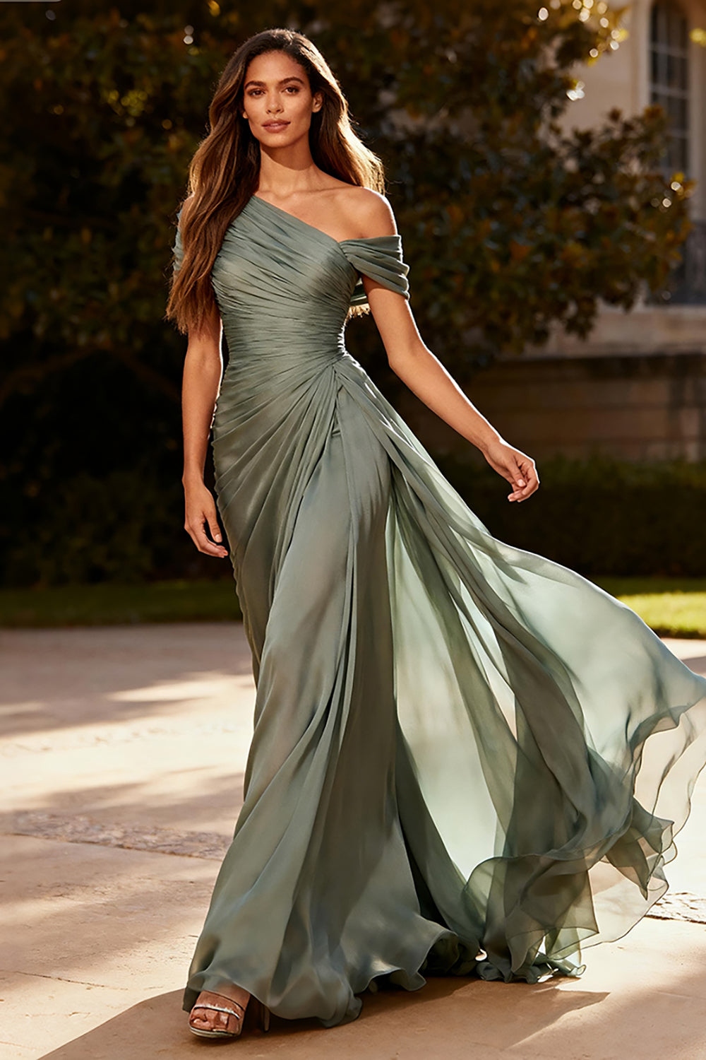 One-Shoulder Pleated Chiffon Maxi Dress