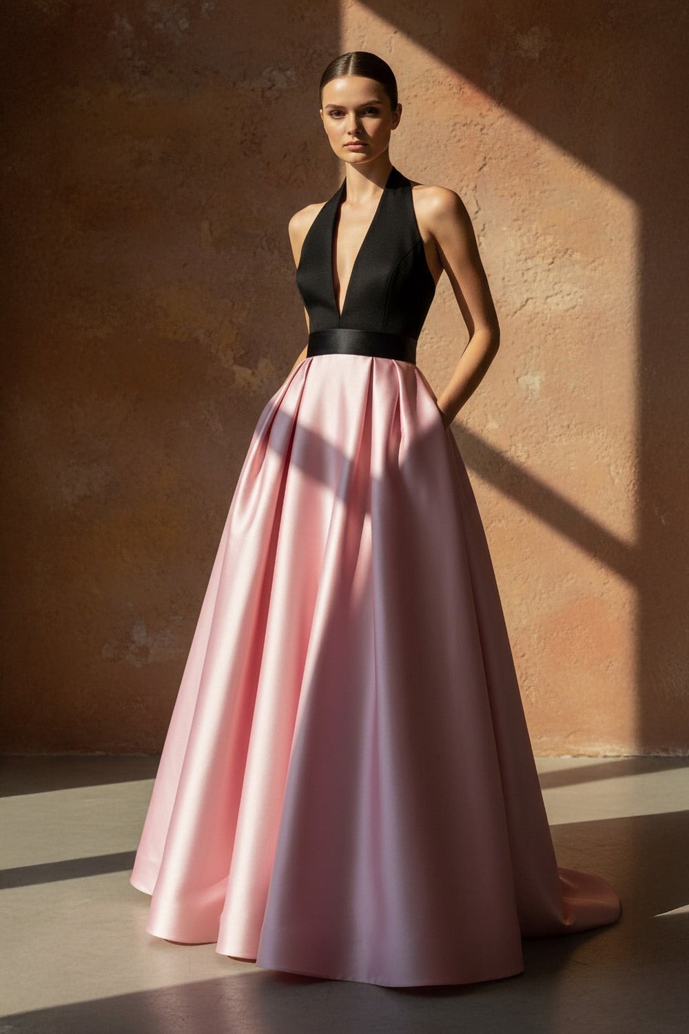 Black and Pink Halter Satin Prom Gown A-line Maxi Dress