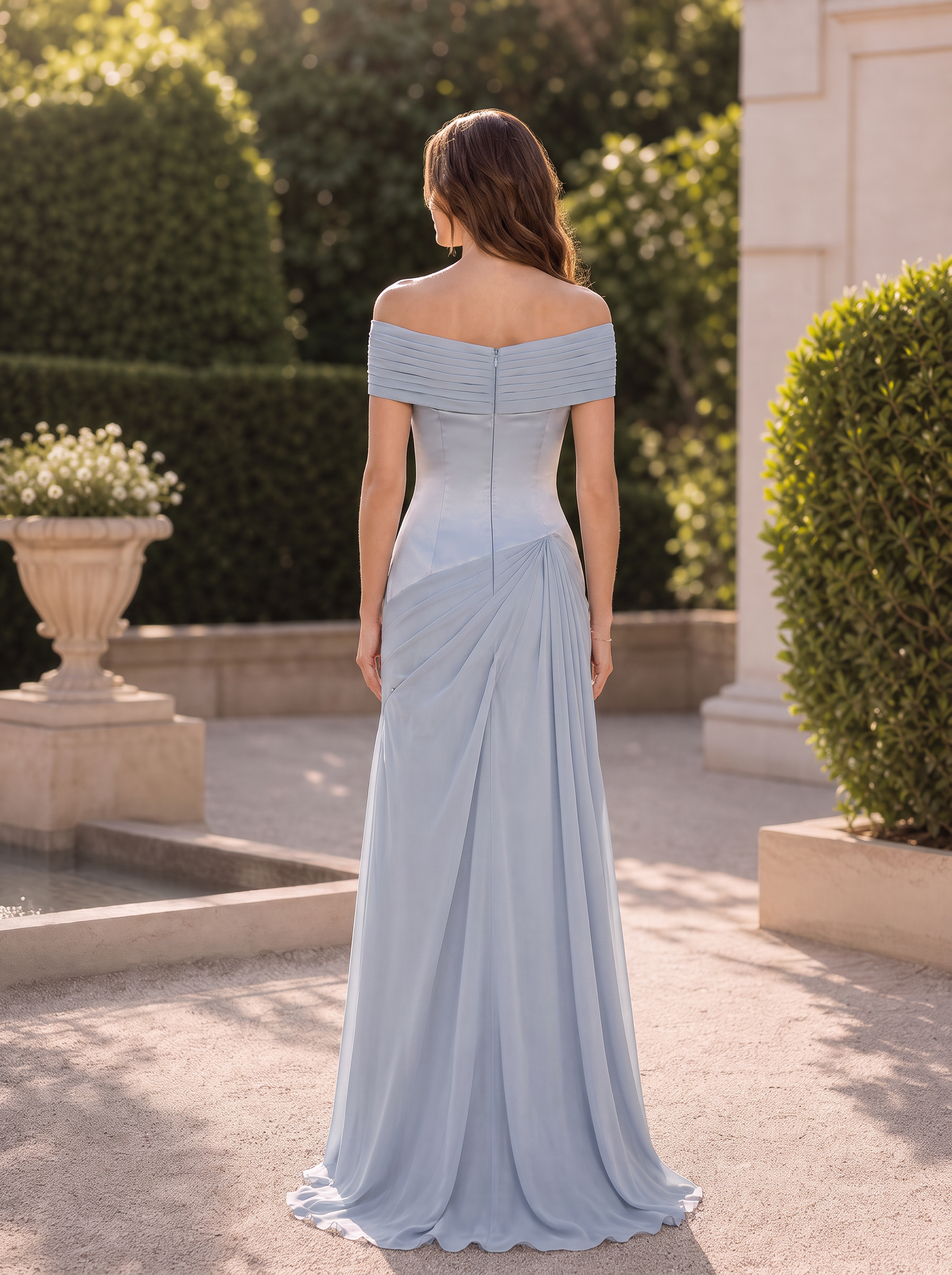 Dusty Blue Off-the-Shoulder Satin & Chiffon Maxi Formal Evening Dress