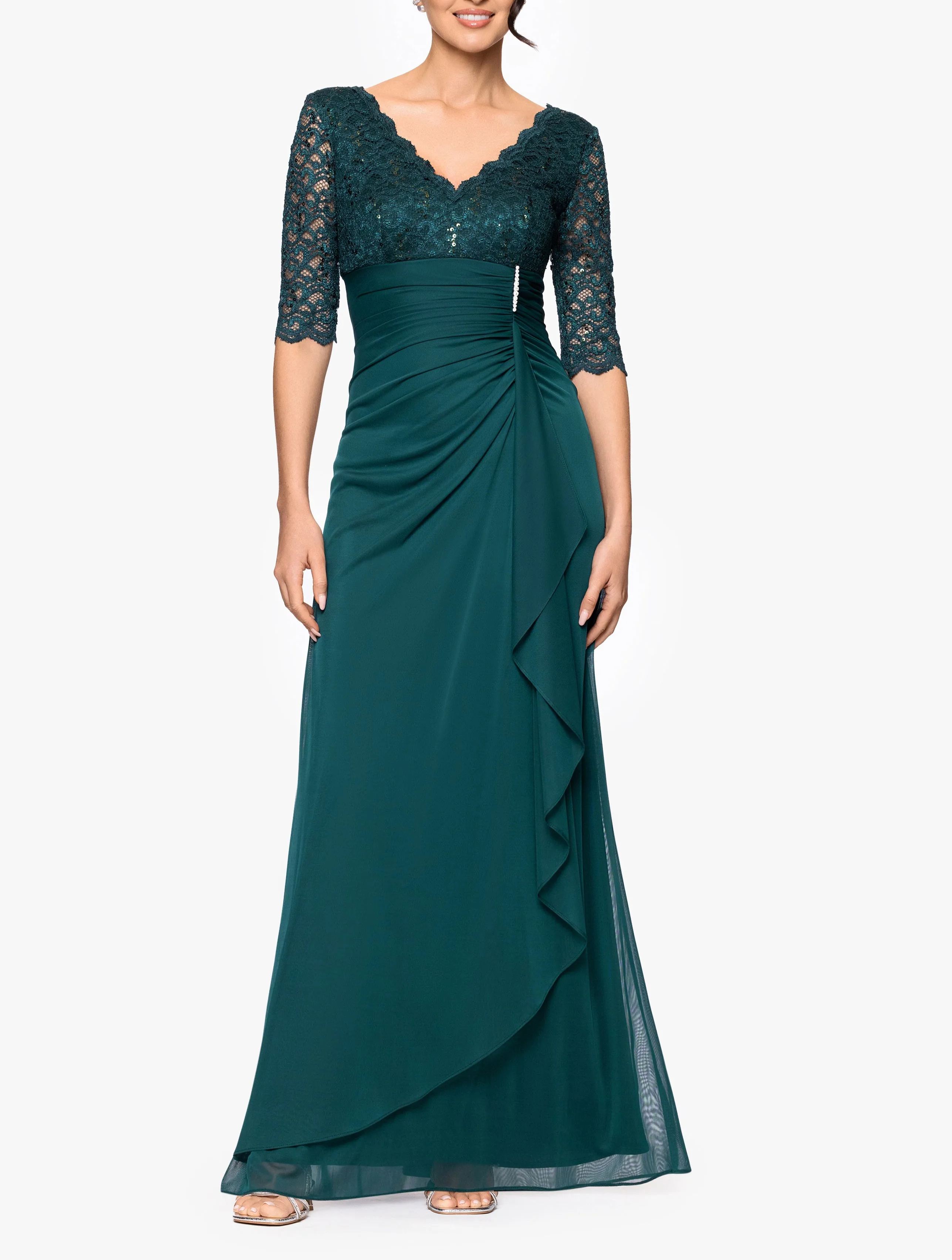3/4 Sleeve Sheer Matte Jersey Long Dress