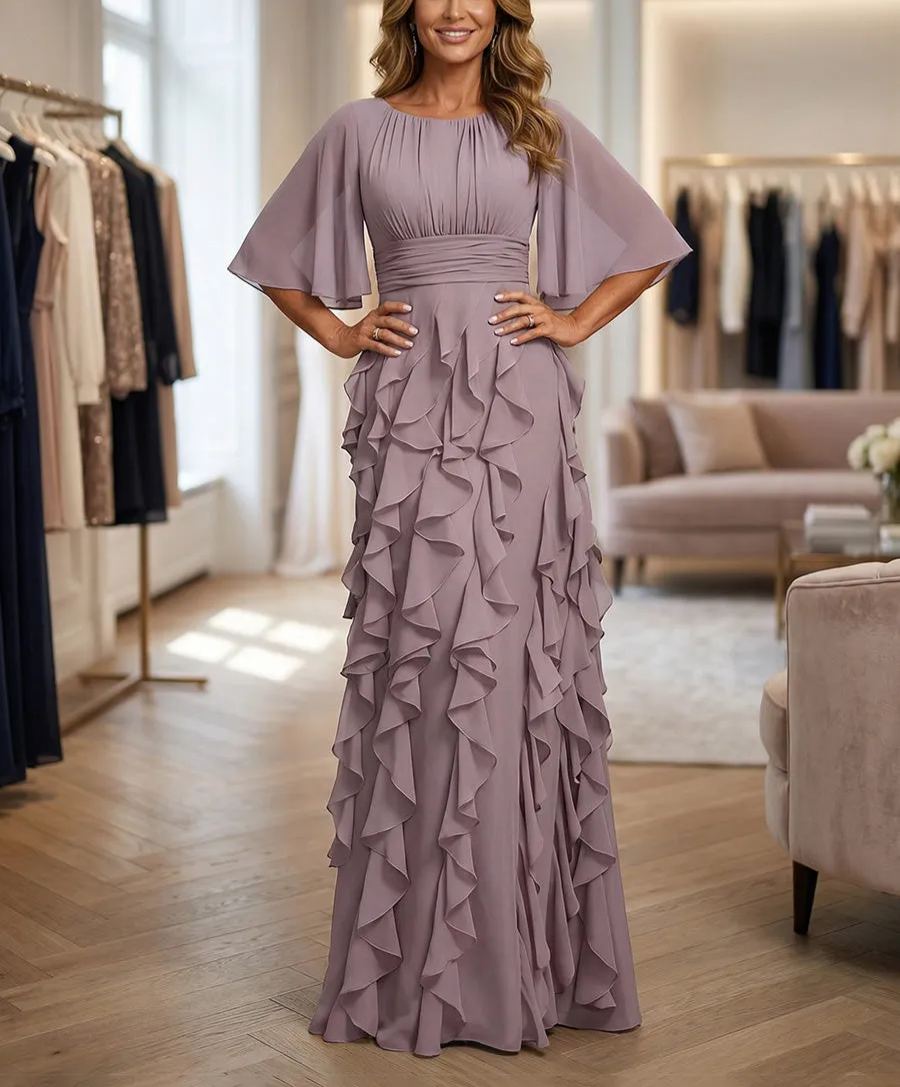 A-Line Chiffon Tiered Ruffles Mother of the Bride & Groom Dresses with Ruched Waist