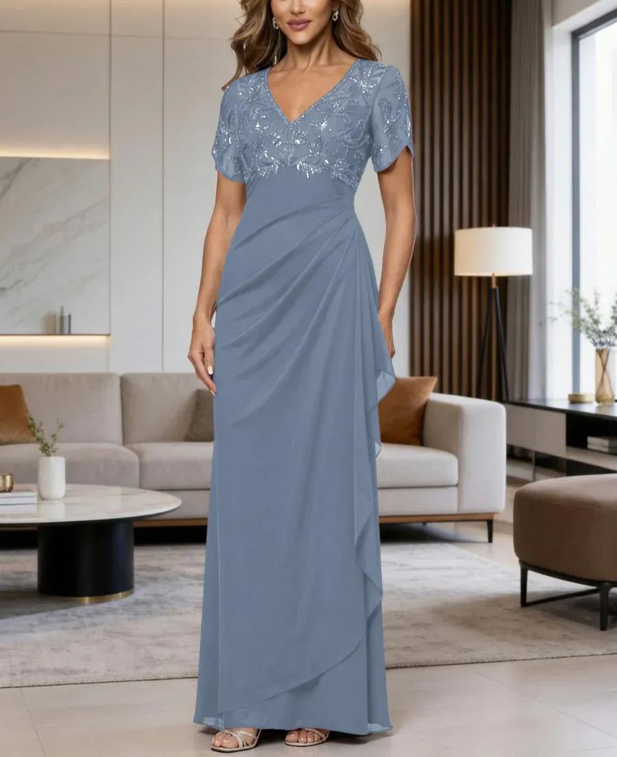 A-Line Chiffon V-Neck Short Sleeve Mother of the Bride Dresses Floor-Length with Sequin Appliques