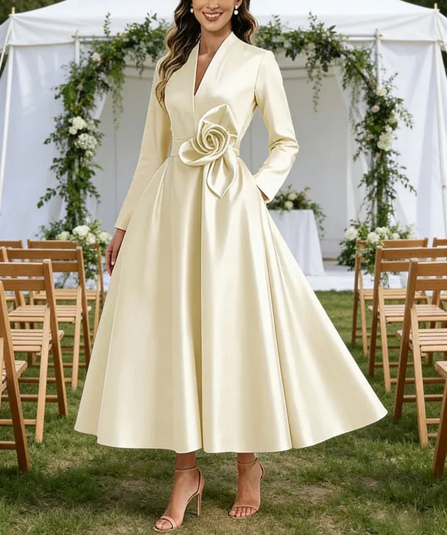 A-Line/Princess V-Neck Satin Tea-Length Mother of the Bride Dresses with Flower