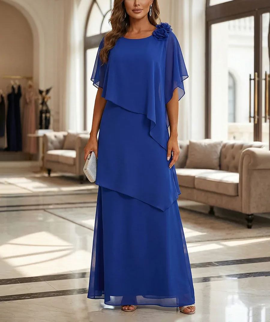 A-Line Floor-Length Chiffon Cape Sleeves Mother of the Bride & Groom Dresses with Tiered Ruffles