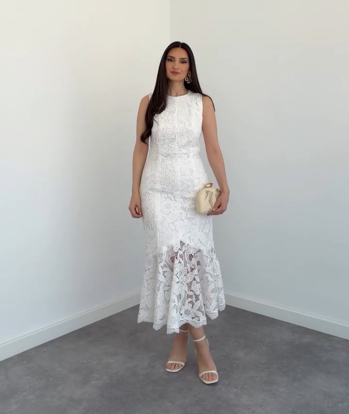 White Lace Dress With Ruffled Hem