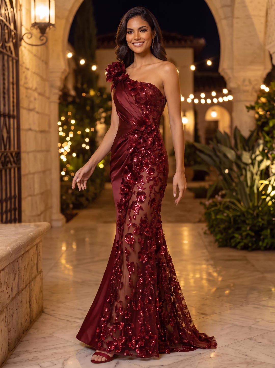 Burgundy Satin One Shoulder 3D Floral Applique Sheer Mermaid Train Evening Dress