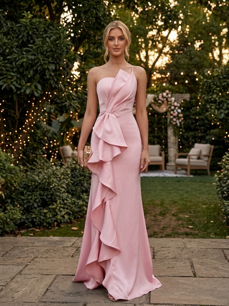 Blush Pink Satin Mermaid One Shoulder Evening Dresses with Ruffles
