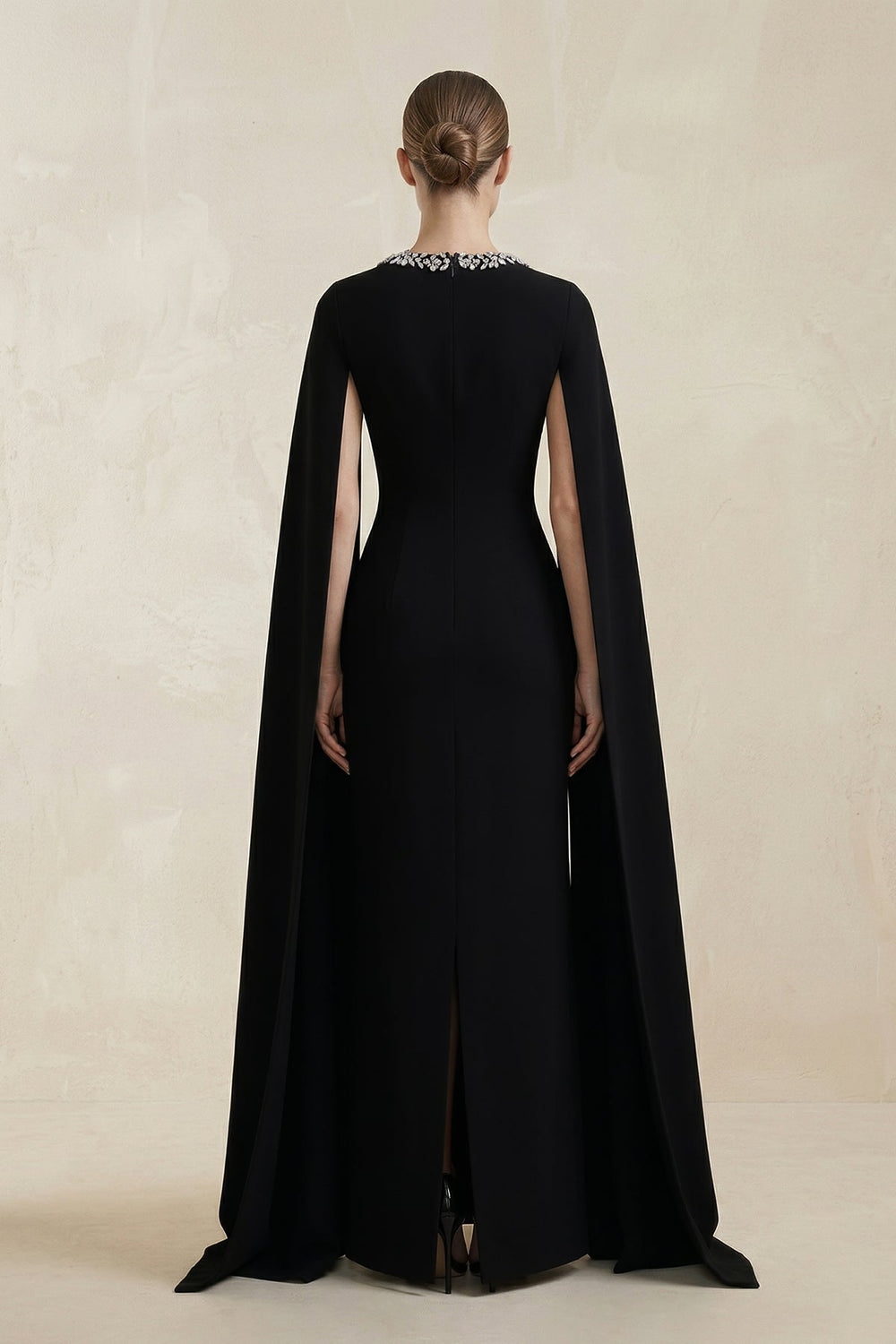 Black Square Neck Beaded Sheath Satin Wedding Dress With Sleeves