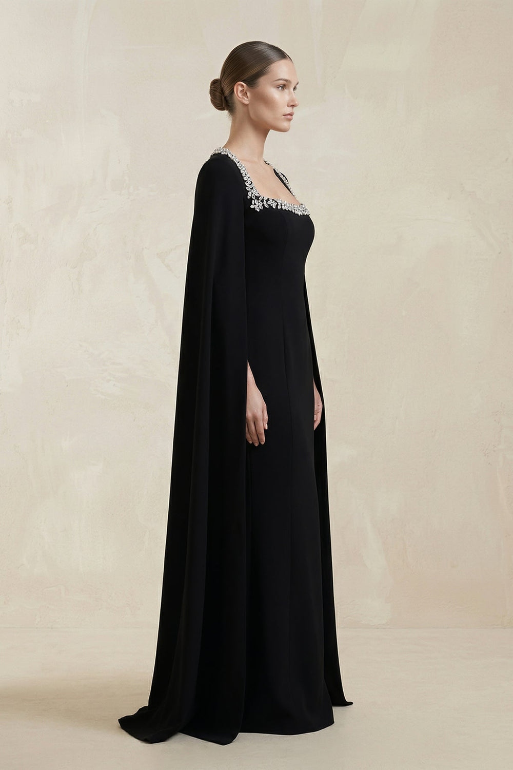 Black Square Neck Beaded Sheath Satin Wedding Dress With Sleeves